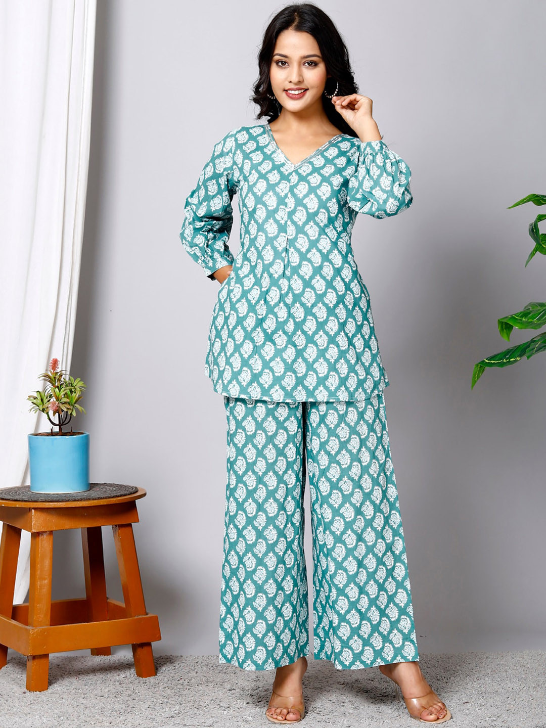 

HERE&NOW Ethnic Motif Printed Pure Cotton Top & Palazzo, White