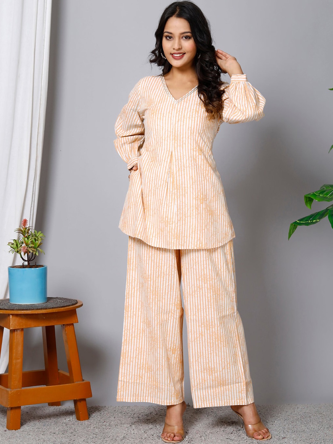 

HERE&NOW Floral Printed Pure Cotton Top & Palazzo, Yellow