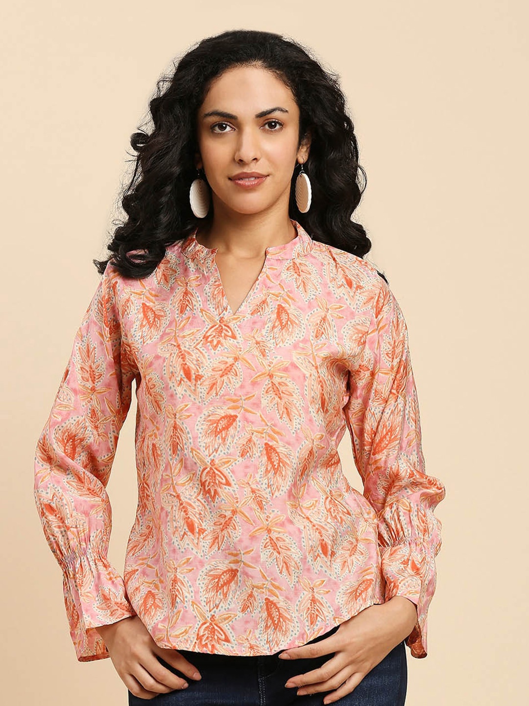 

GUFRINA Floral Printed Mandarin Collar Shirt Style Top, Peach