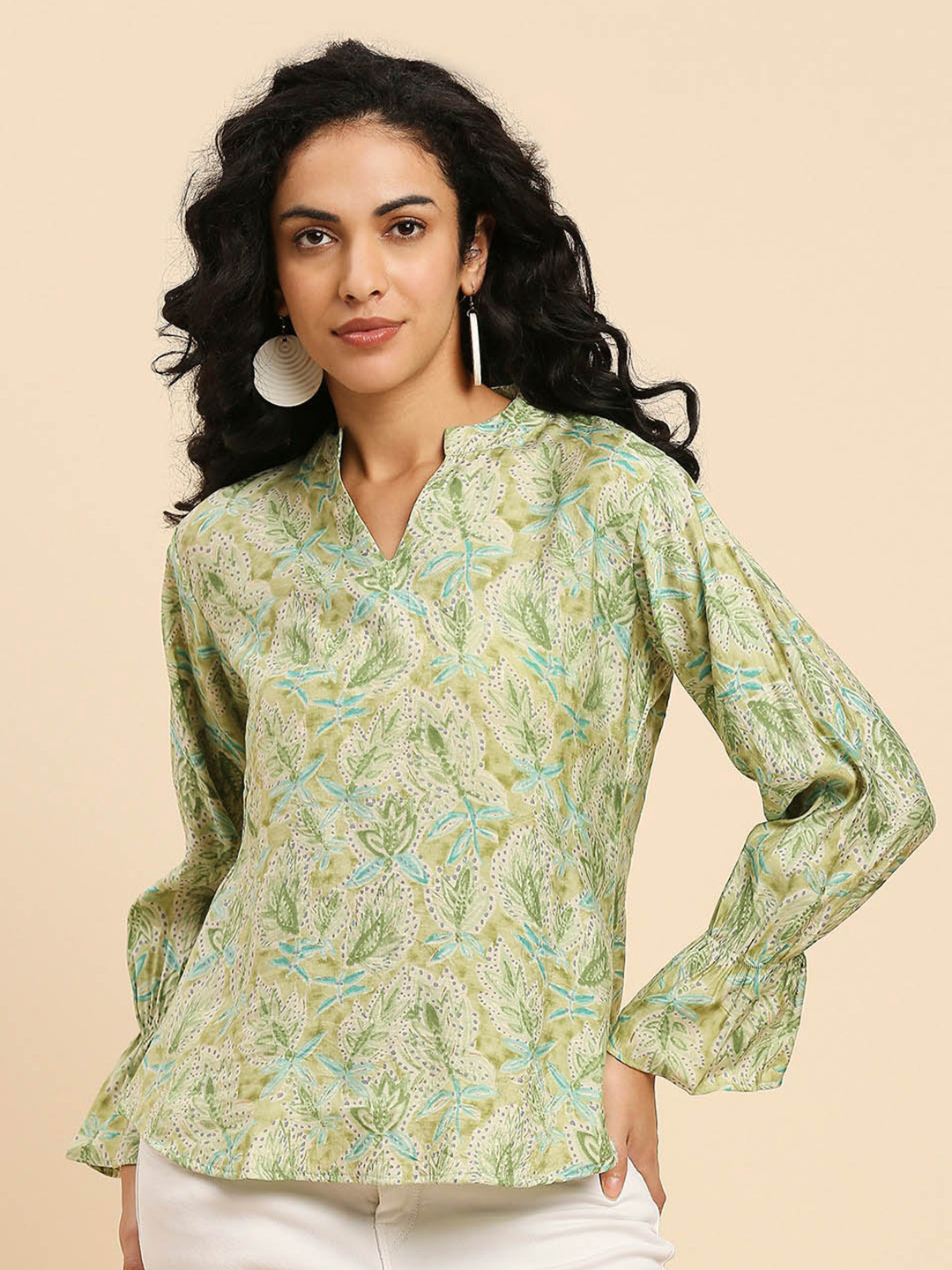 

GUFRINA Floral Printed Mandarin Collar Shirt Style Top, Green