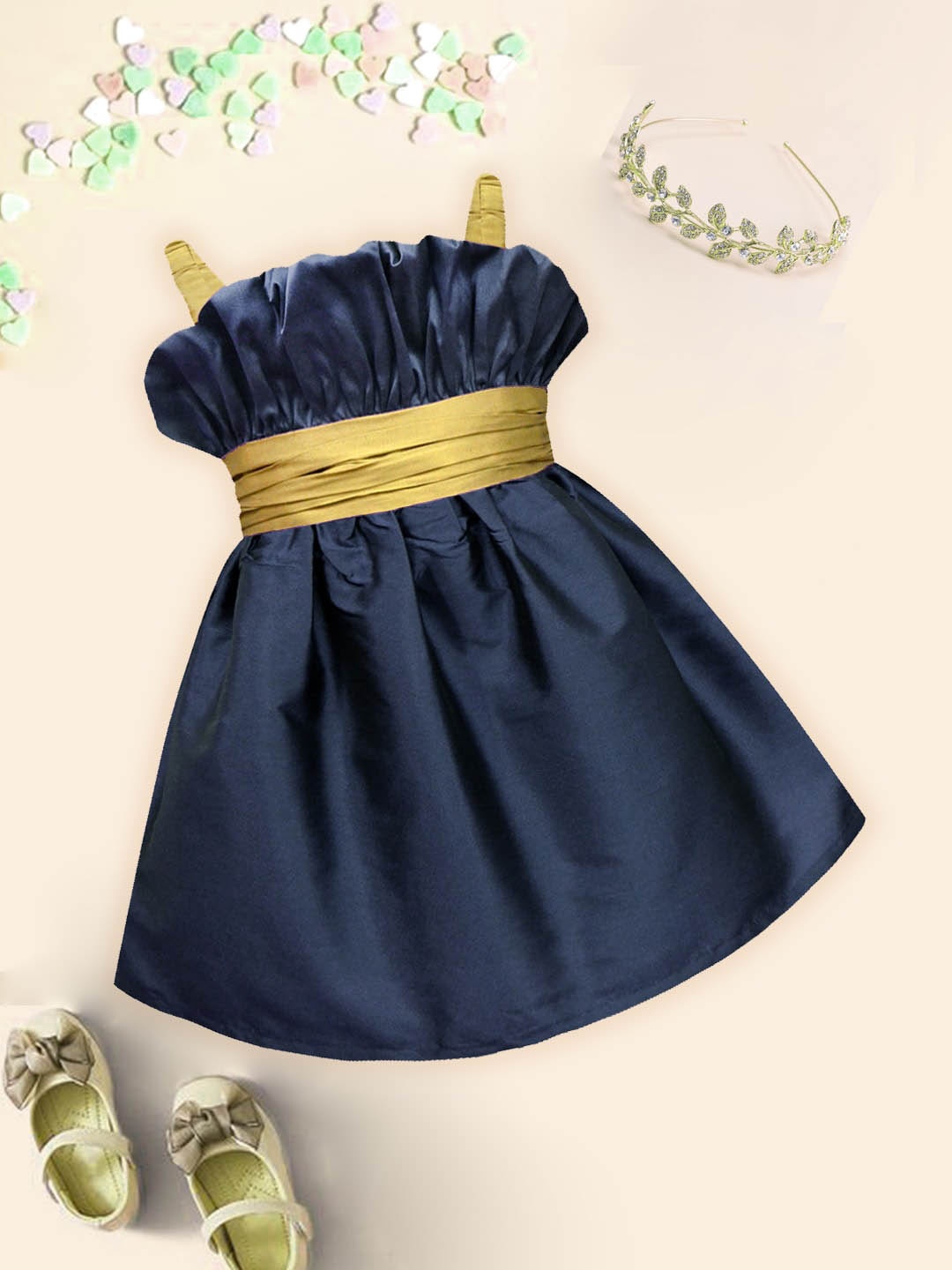 

A.T.U.N. Infants Girls Shoulder Straps Tie-Ups Fit & Flare Dress, Navy blue