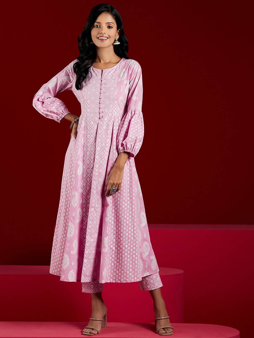 

Libas Ethnic Motifs Printed Regular Pure Cotton Kurta with Trousers, Pink