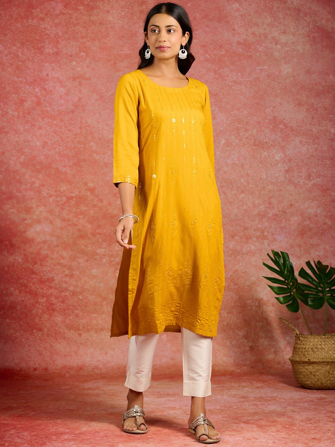 Libas Women Embroidered Mirror Work Kurta, Yellow