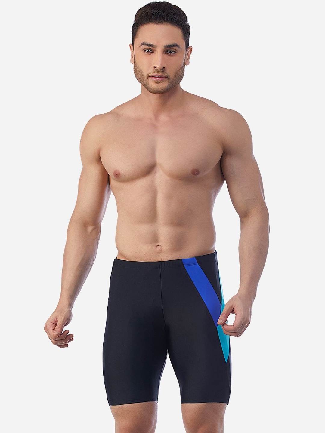 

VELOZ Men Colourblocked Jammer Mid Rise Swim Shorts, Black