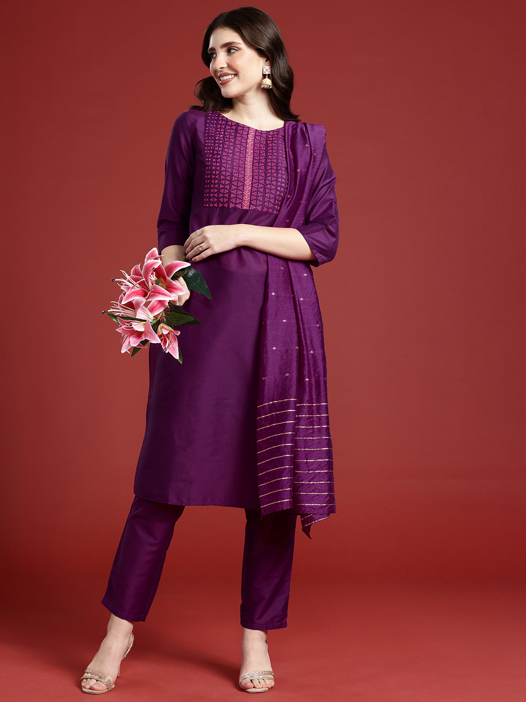 

Anouk Women Embroidered Regular Kurta With Trousers & Dupatta, Purple