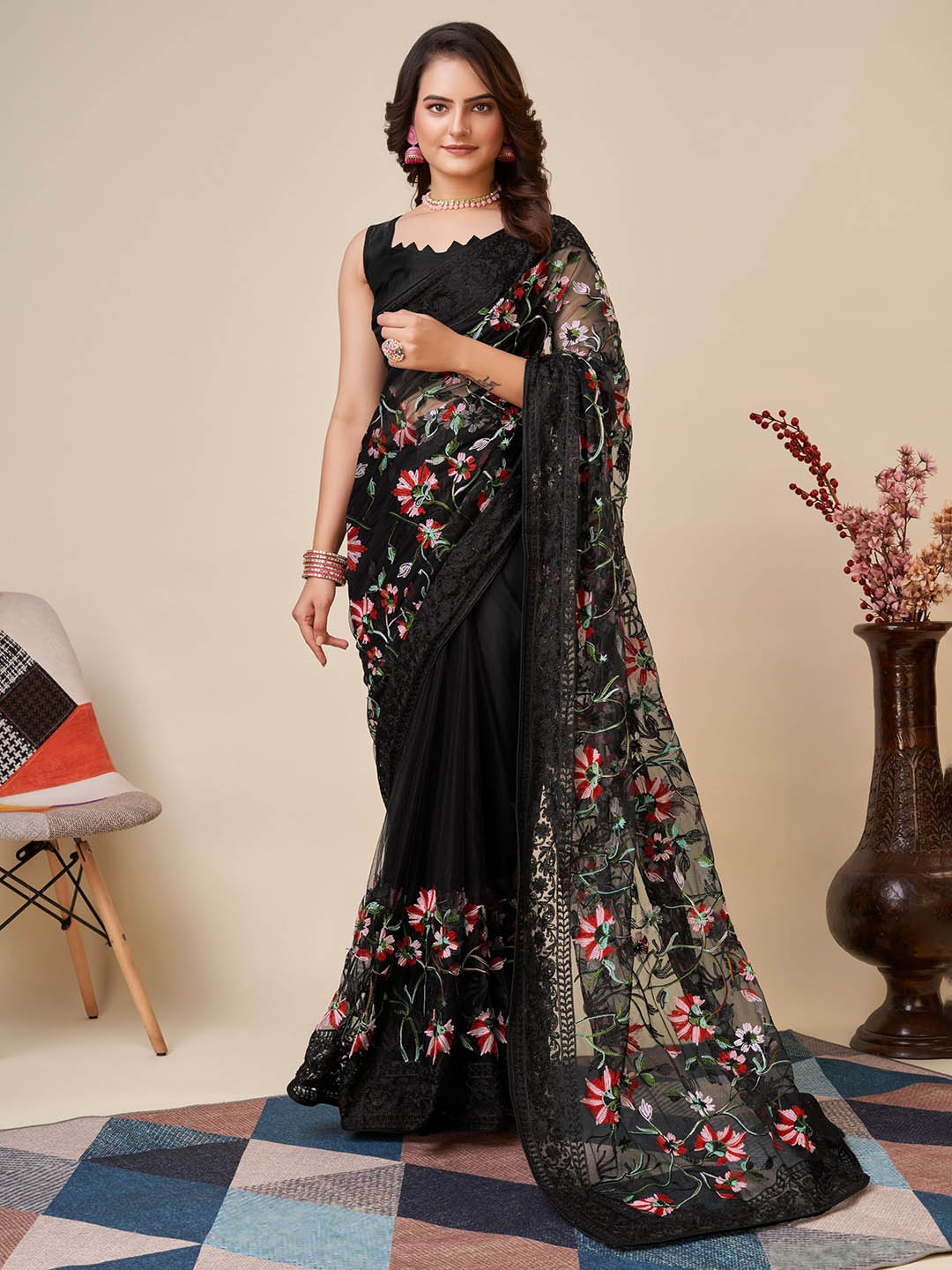 

HERE&NOW Black Floral Embroidered Net Saree