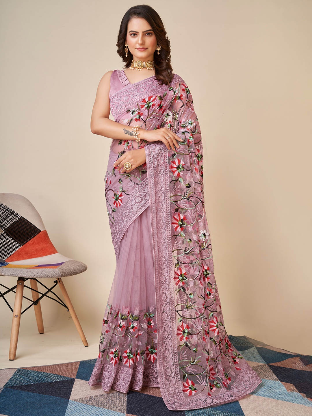 

HERE&NOW Mauve Floral Embroidered Net Saree