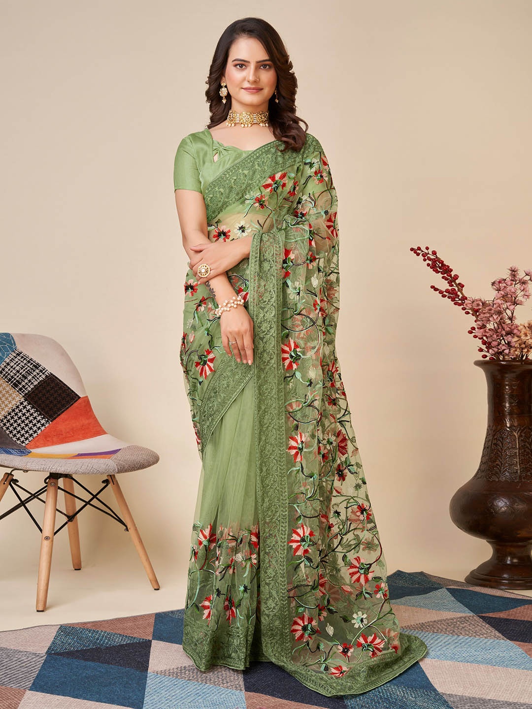 

HERE&NOW Olive Green Floral Embroidered Net Saree