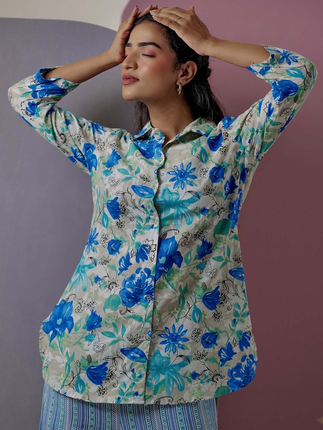 

FEATHERS CLOSET Floral Printed Shirt Collar Pure Cotton Top & Pyjamas, Blue