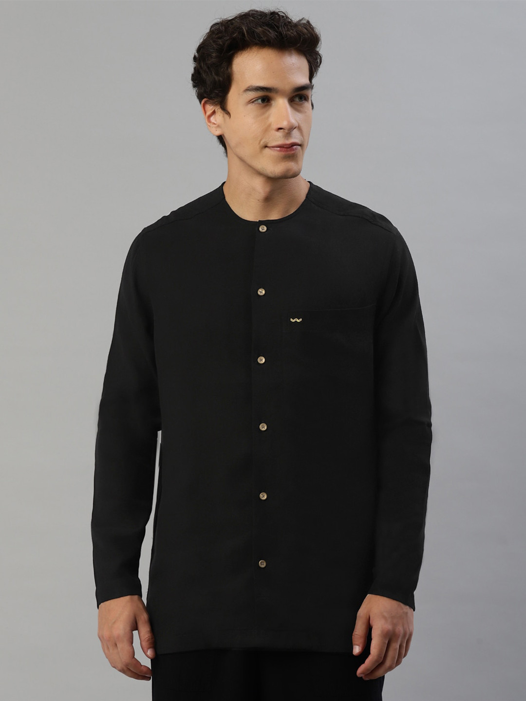 

Slowave Comfort Collarless Cotton Casual Shirt, Black
