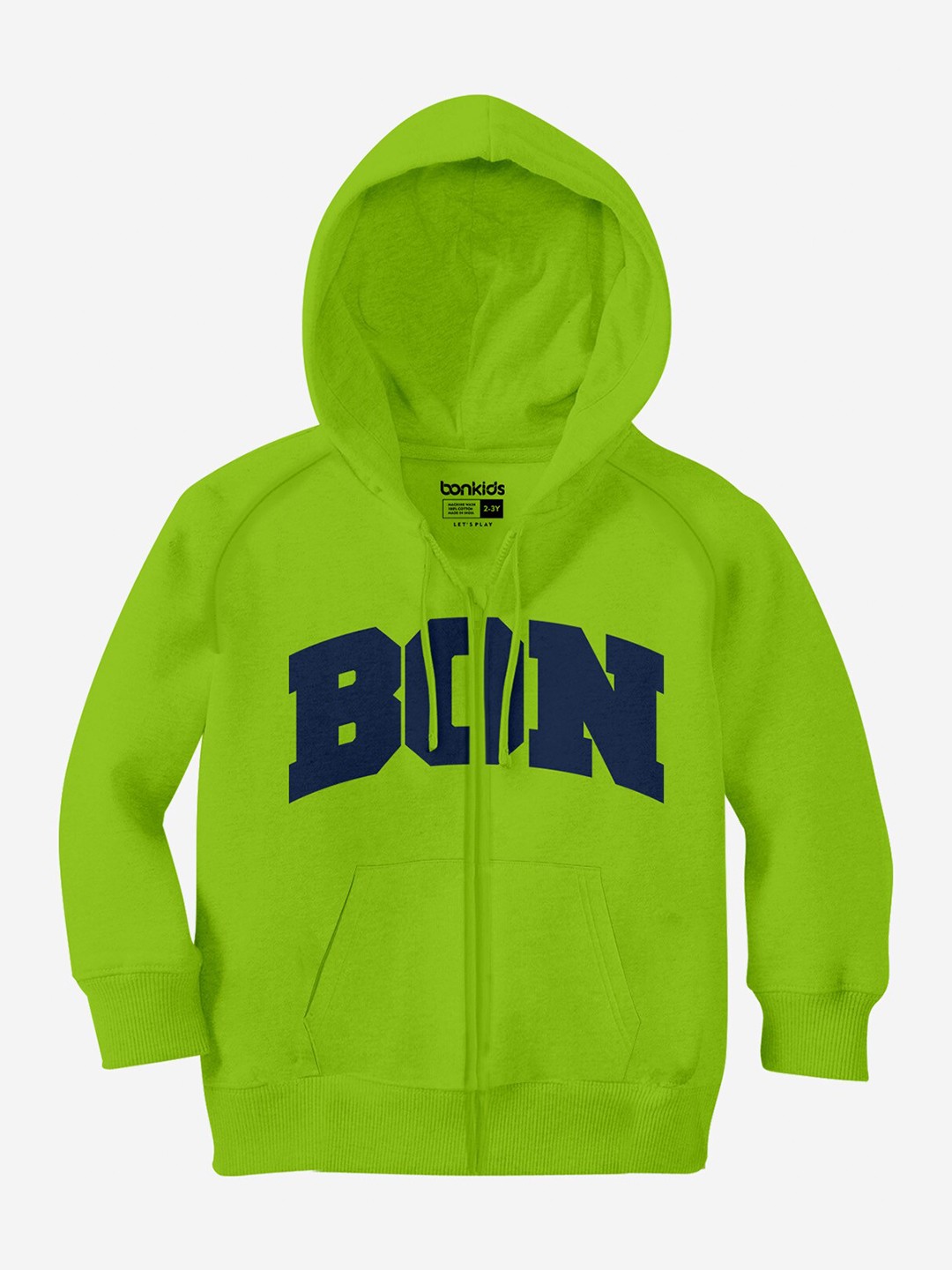 

BONKIDS Boys Typography Printed Cotton Hooded Front-Open Sweatshirt, Lime green