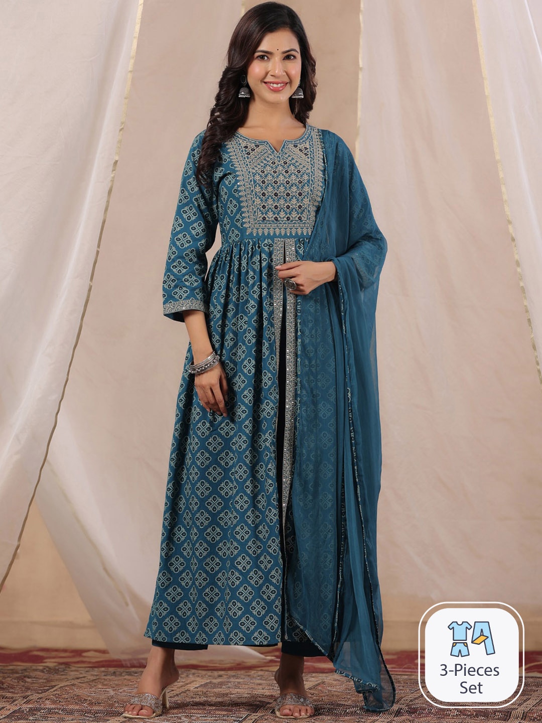 

Sangria Ethnic Motifs Printed Pure Cotton Kurta With Trousers & Dupatta, Teal