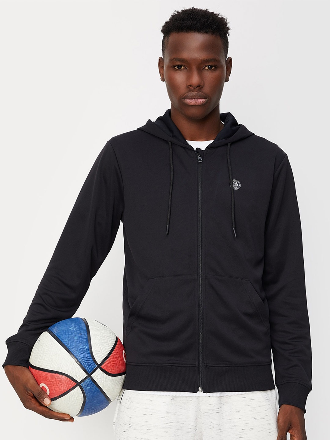 

max Hood Neck Kangaroo Pocket Ribbed Sweatshirt, Black