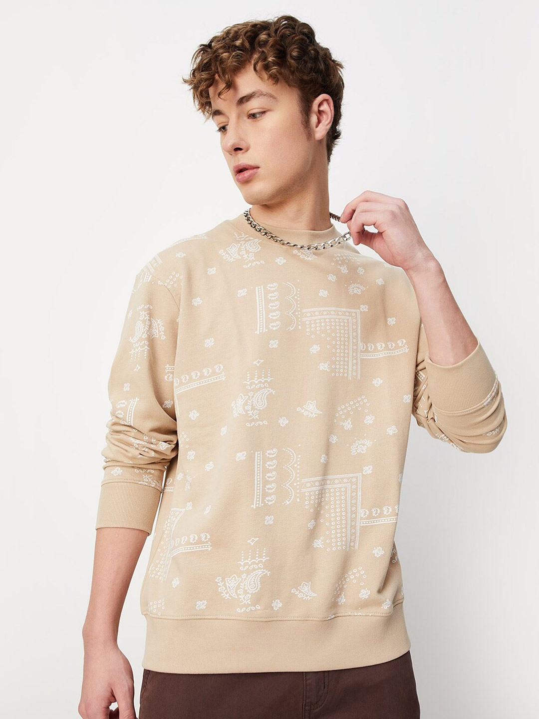 

max Ethnic Motifs Printed Pure Cotton Sweatshirt, Beige