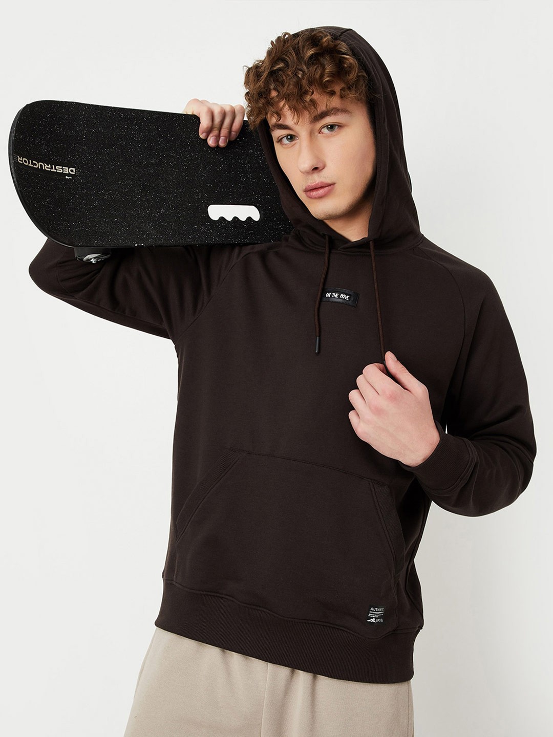 

max Hood Neck Kangaroo Pocket Cotton Pullover Sweatshirt, Brown