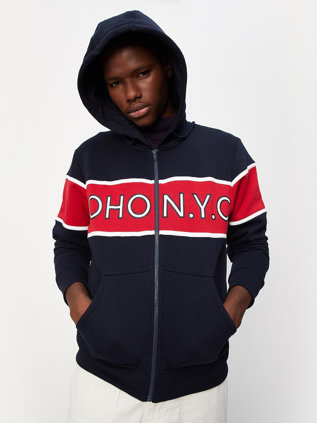 

max Typography Printed Hooded Sweatshirt, Navy blue