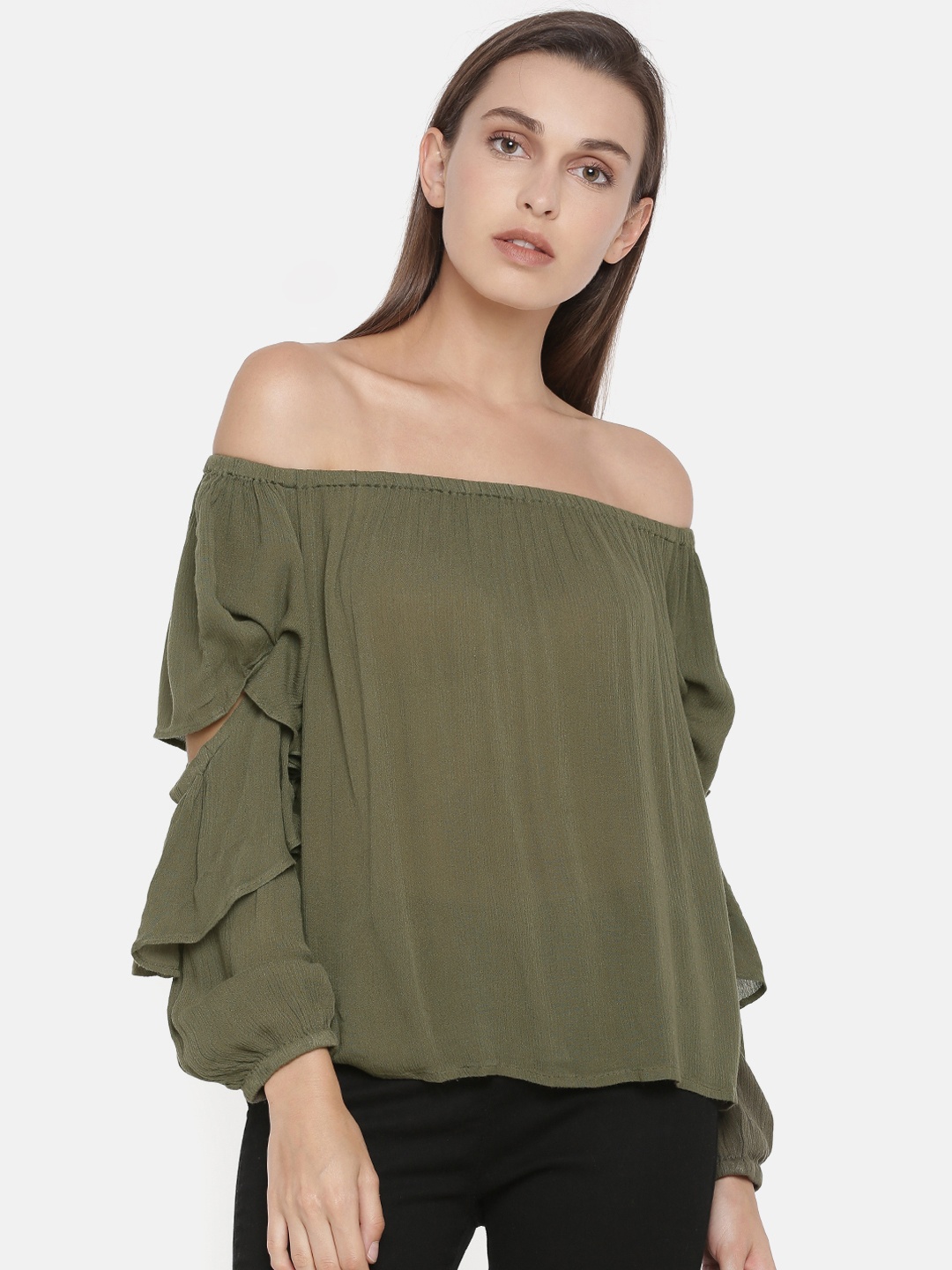 

ONLY Women Olive Green Solid Bardot Top