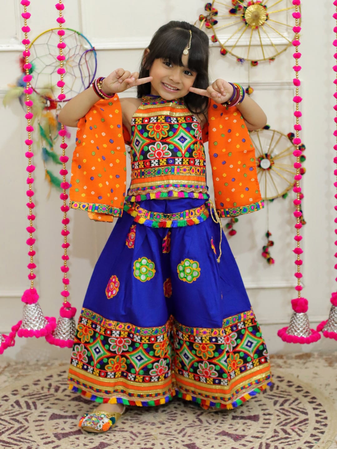 

BownBee Girls Embroidered Thread Work Cotton Ready to Wear Lehenga & Blouse With Dupatta, Blue