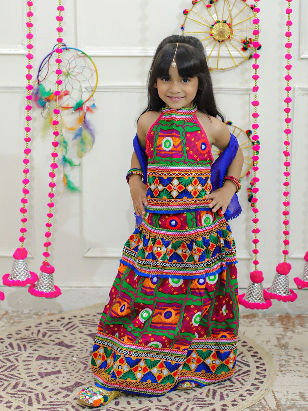 

BownBee Girls Embroidered Thread Work Cotton Ready to Wear Lehenga & Blouse With Dupatta, Pink