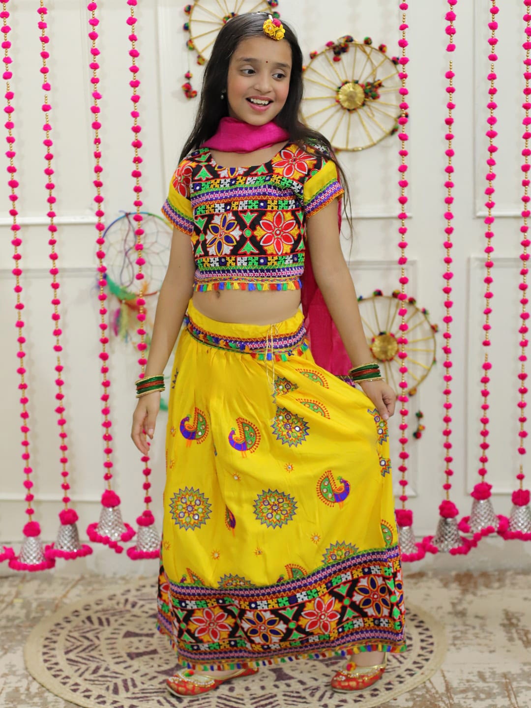 

BownBee Girls Embroidered Thread Work Cotton Ready to Wear Lehenga & Blouse With Dupatta, Yellow