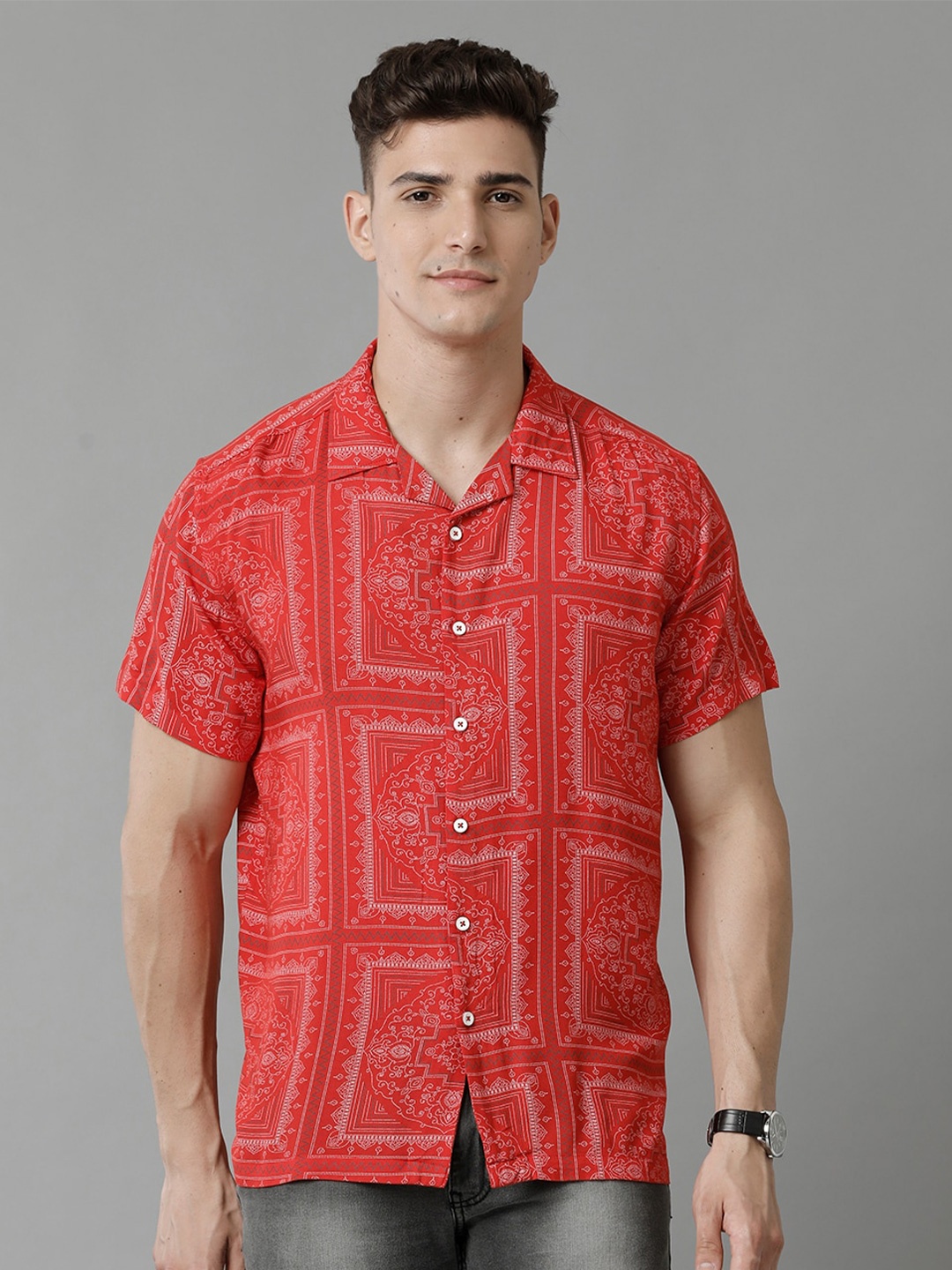 

YOVISH Comfort Printed Cotton Casual Shirt, Red