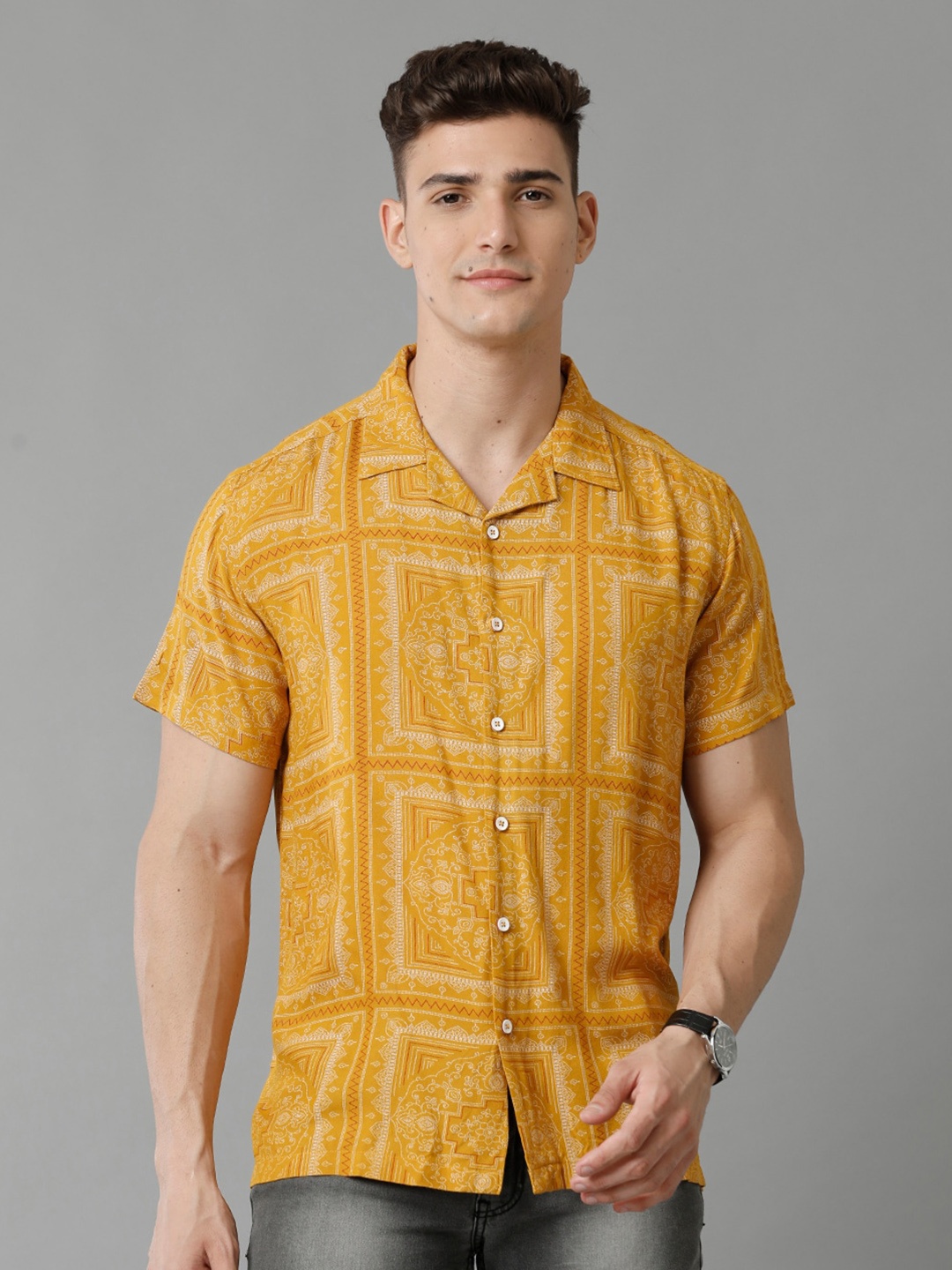 

YOVISH Comfort Printed Cotton Casual Shirt, Mustard