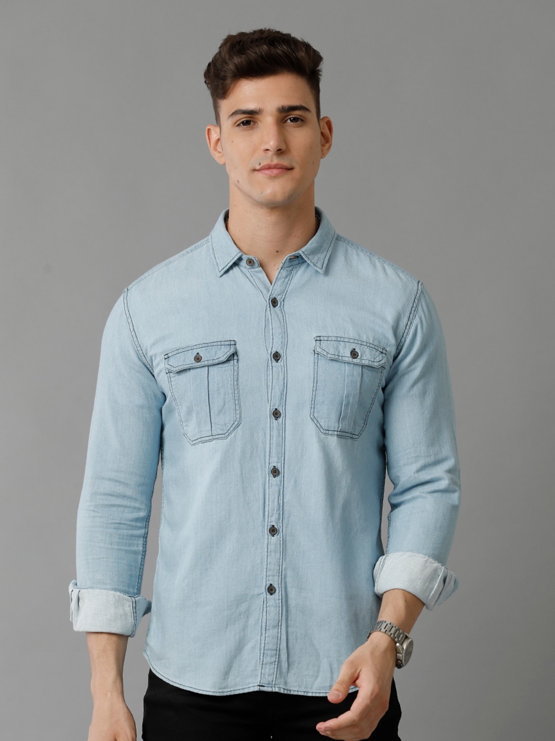 

YOVISH Comfort Opaque Spread Collar Denim Casual Shirt, Blue