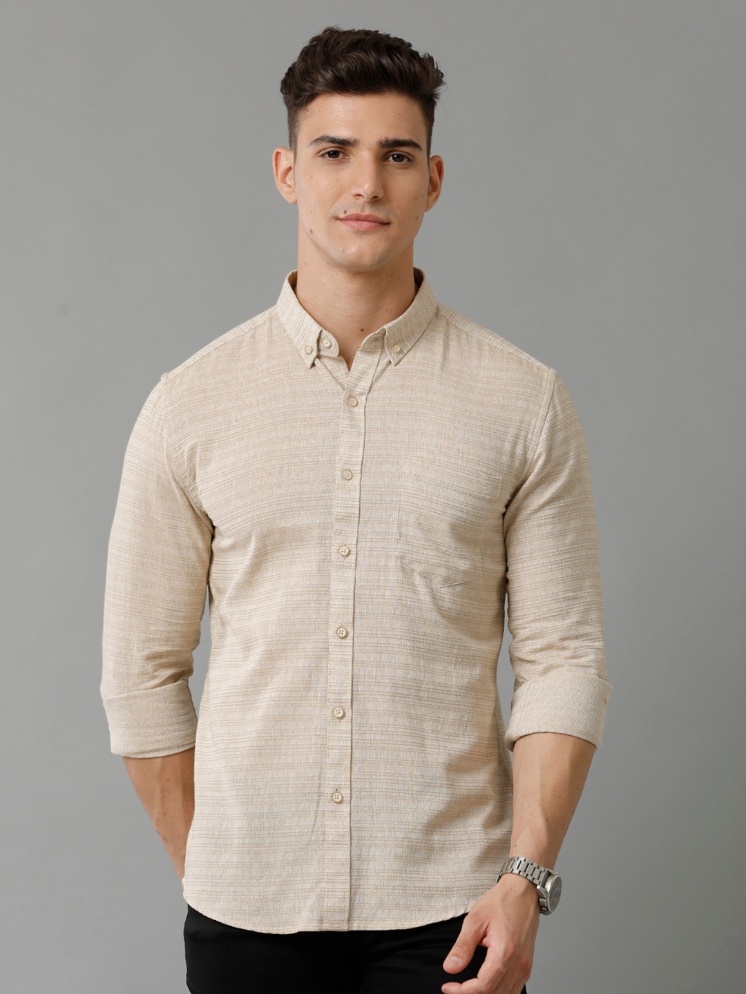 

YOVISH Comfort Horizontal Striped Button-Down Collar Opaque Cotton Casual Shirt, Beige