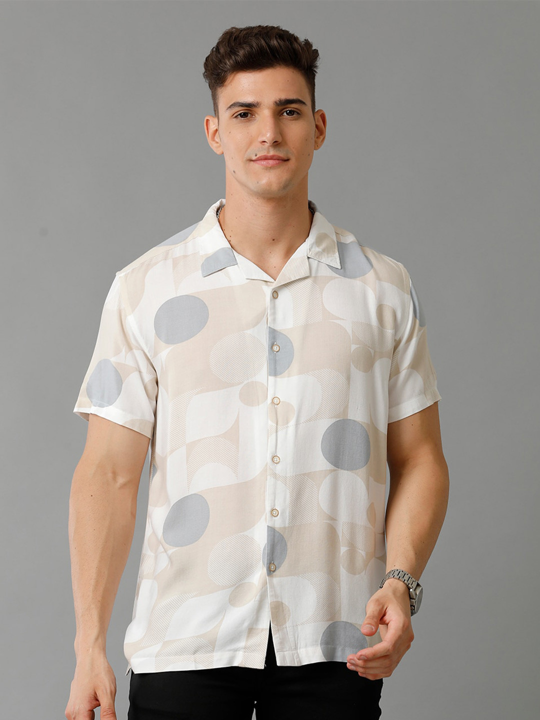 

YOVISH Comfort Opaque Printed Cotton Casual Shirt, Beige