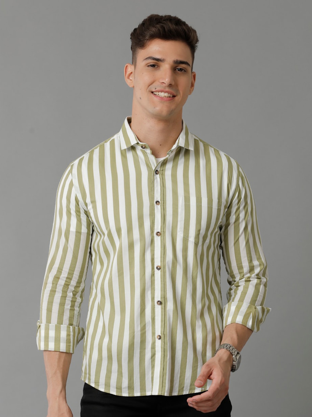 

YOVISH Comfort Opaque Vertical Striped Cotton Casual Shirt, Green