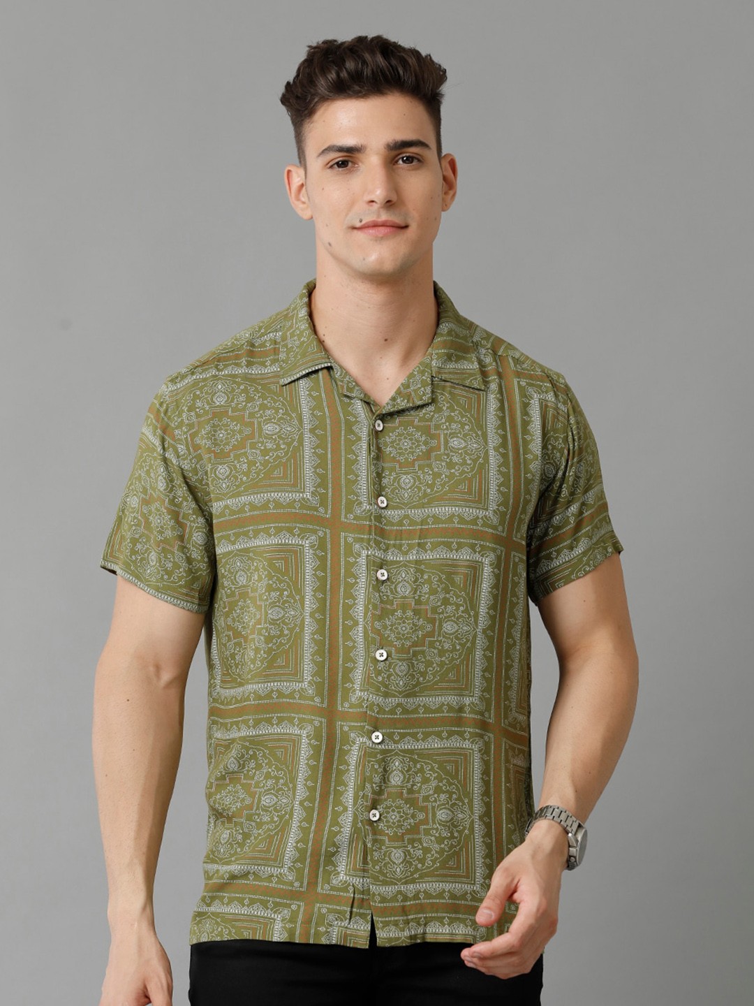 

YOVISH Comfort Opaque Ethnic Motifs Printed Cotton Casual Shirt, Olive