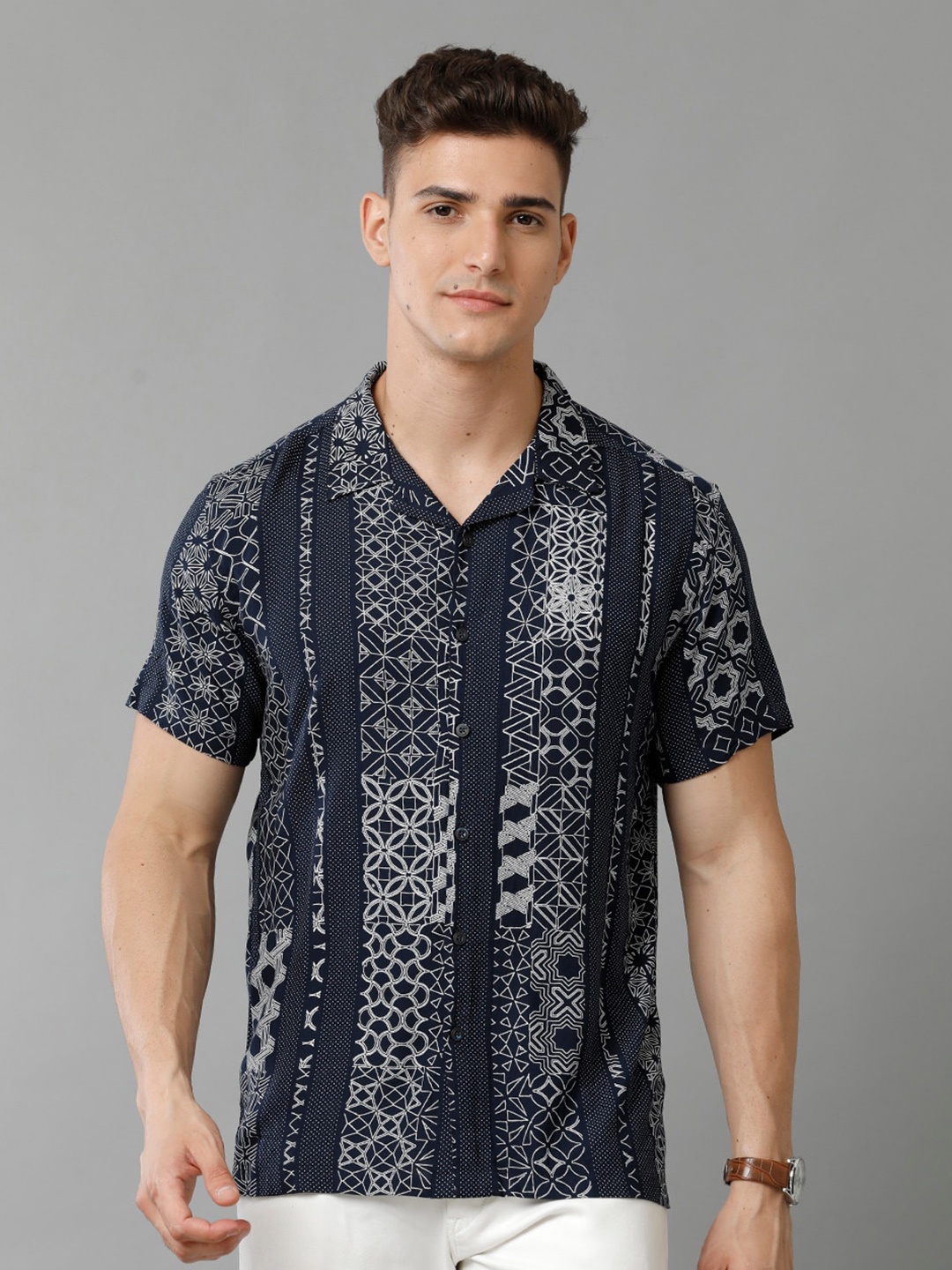 

YOVISH Comfort Conversational Printed Cotton Casual Shirt, Navy blue