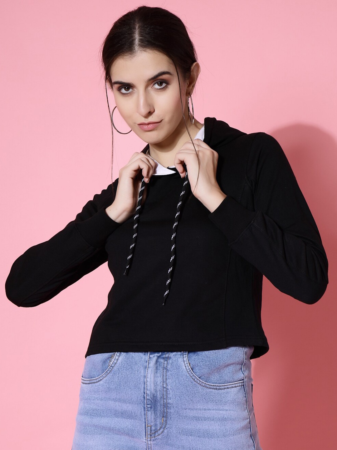 

DressBerry Hooded Cotton Crop Pullover Sweatshirt, Black
