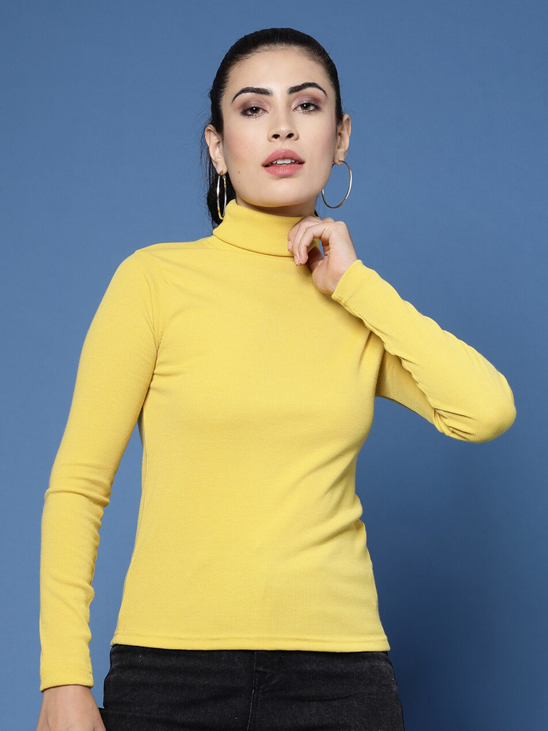 

DressBerry Turtle Neck Long Sleeves Cotton Top, Yellow