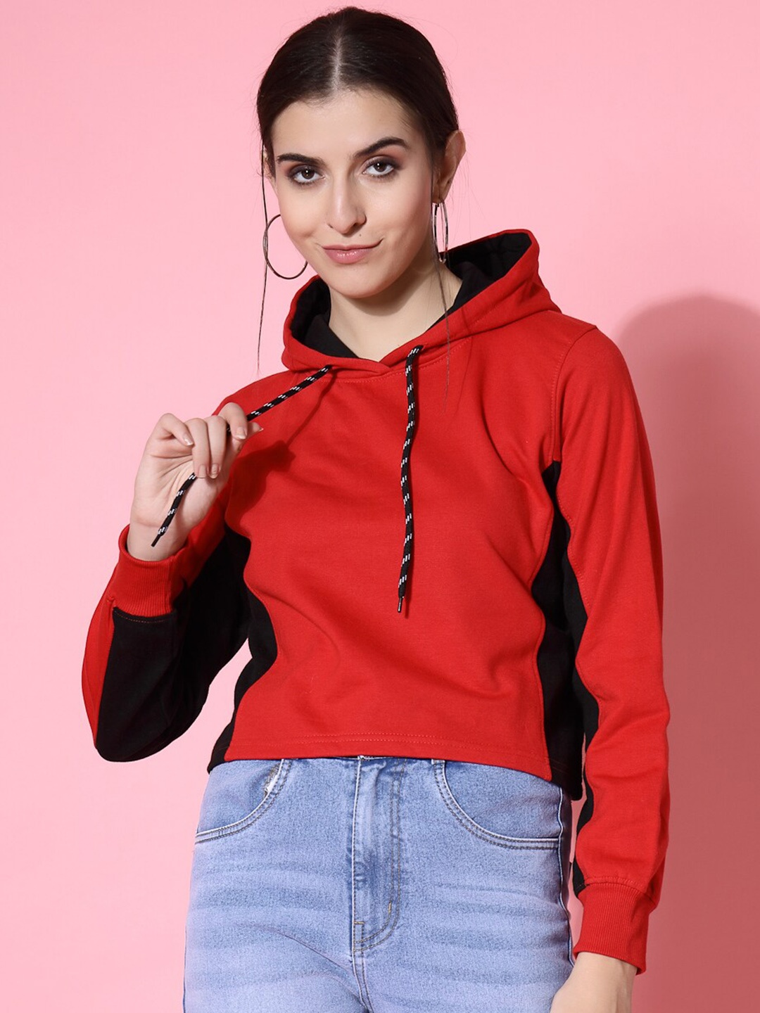 

DressBerry Colourblocked Hooded Cotton Crop Pullover Sweatshirt, Red