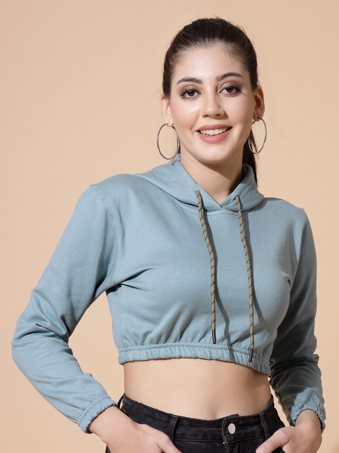 

DressBerry Hooded Cotton Crop Pullover Sweatshirt, Green