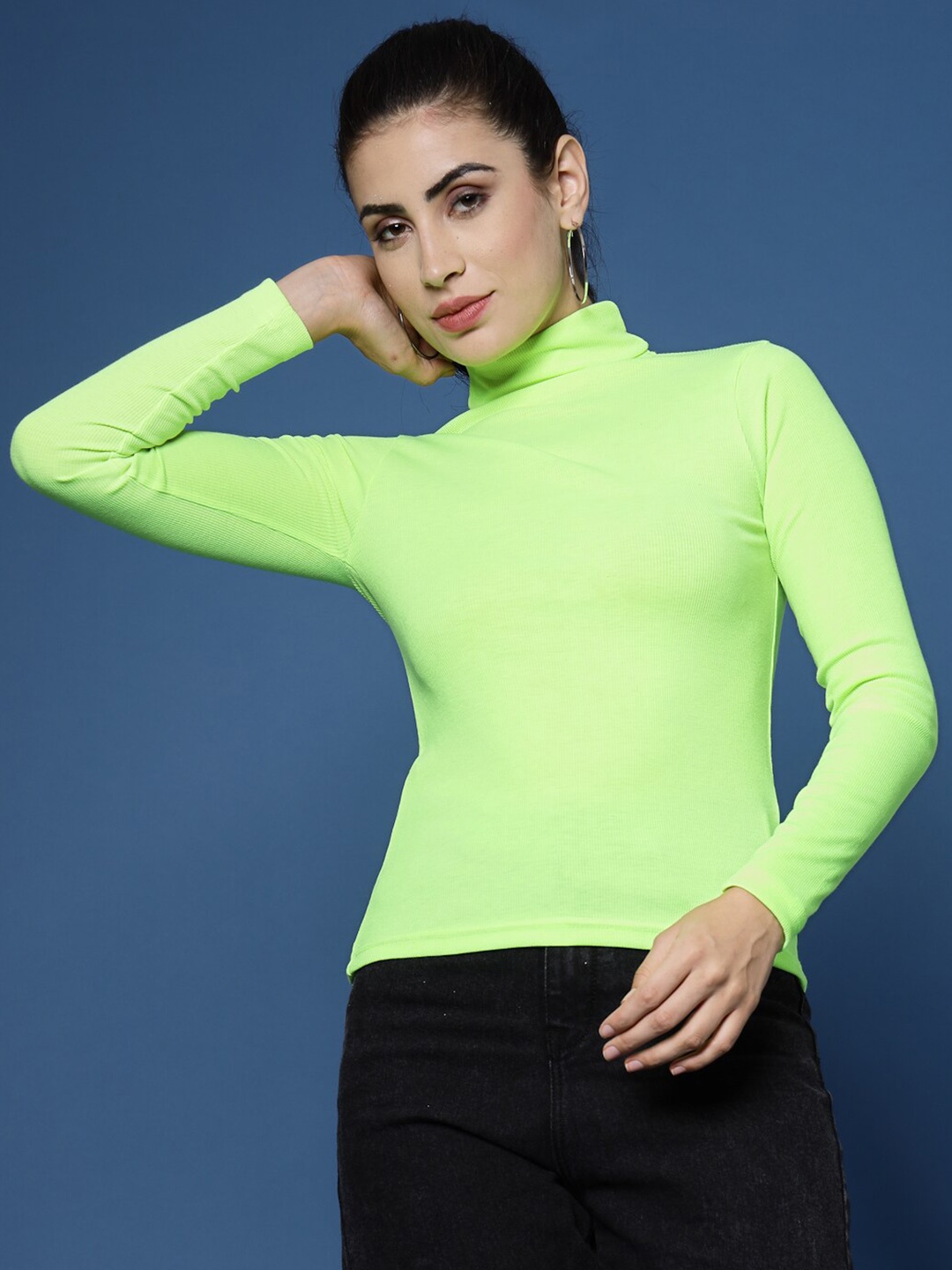 

DressBerry Turtle Neck Long Sleeves Cotton Top, Fluorescent green