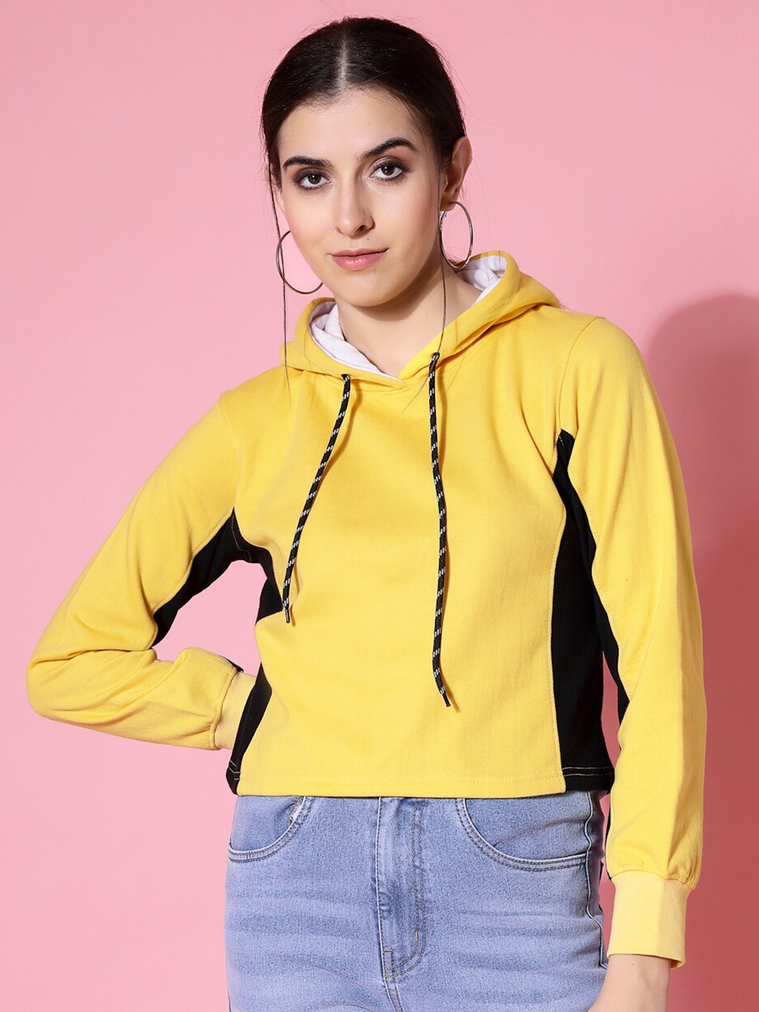 

DressBerry Colourblocked Hooded Cotton Crop Pullover Sweatshirt, Yellow