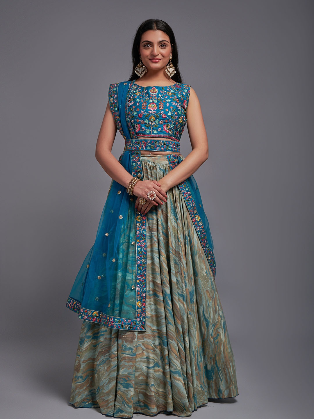 

KALINI Embroidered Semi-Stitched Lehenga & Unstitched Blouse With Dupatta, Teal