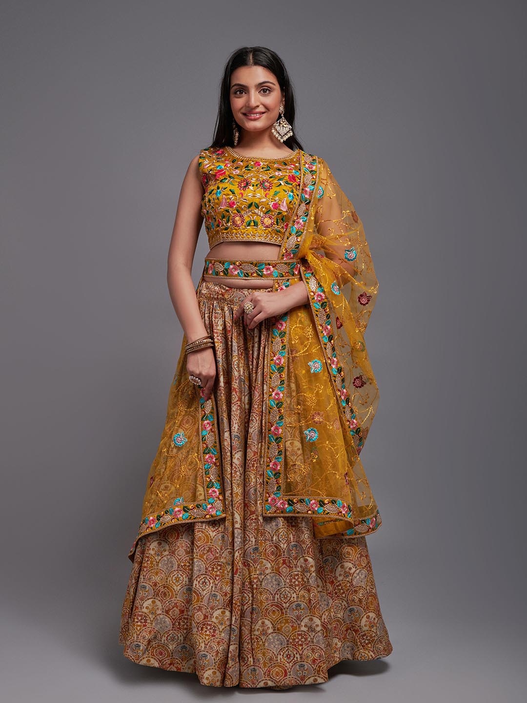 

KALINI Embroidered Semi-Stitched Lehenga & Unstitched Blouse With Dupatta, Mustard