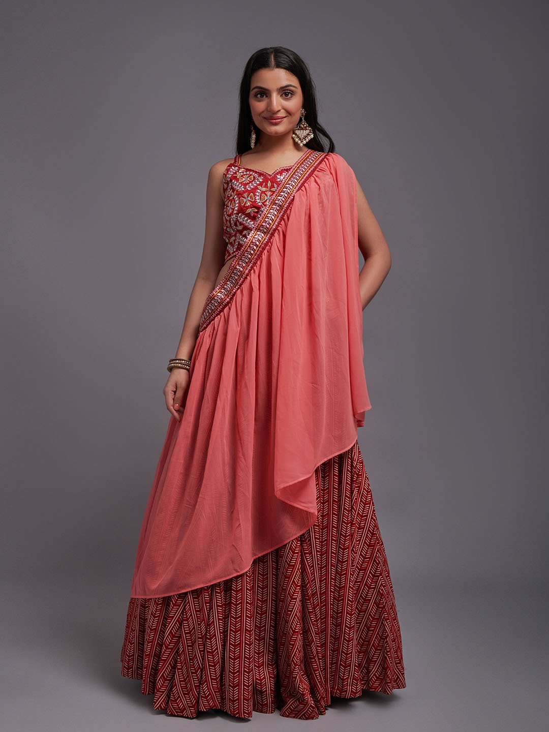 

KALINI Embroidered Batik Semi-Stitched Lehenga & Unstitched Blouse With Dupatta, Maroon