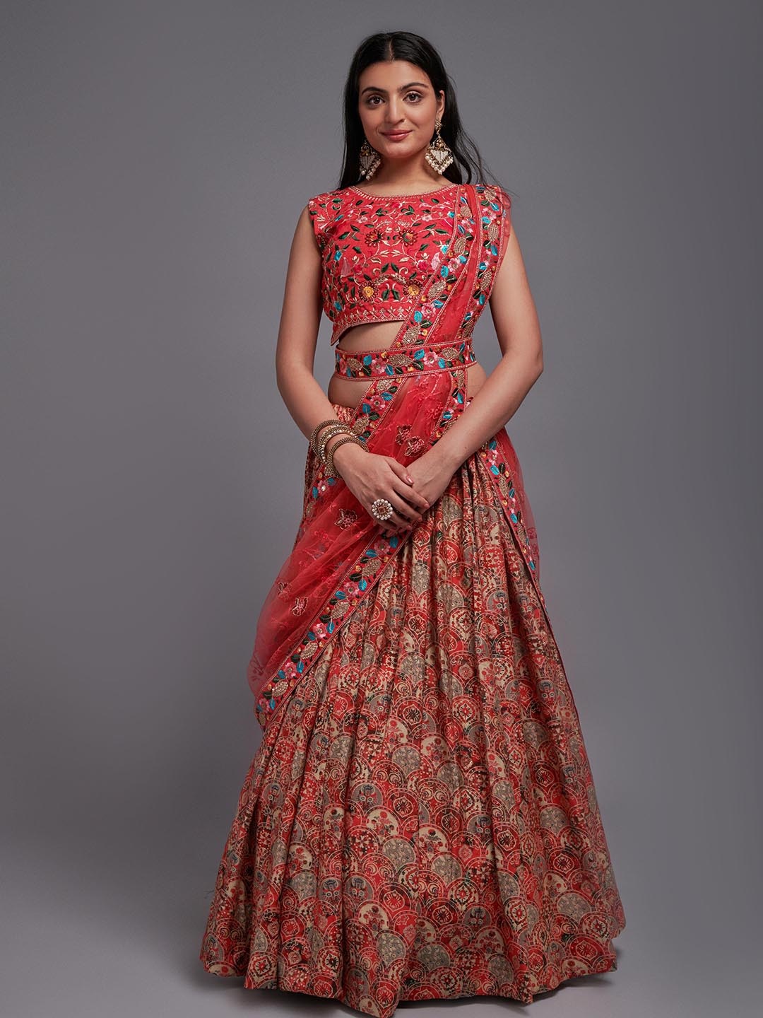 

KALINI Embroidered Semi-Stitched Lehenga & Unstitched Blouse With Dupatta, Red