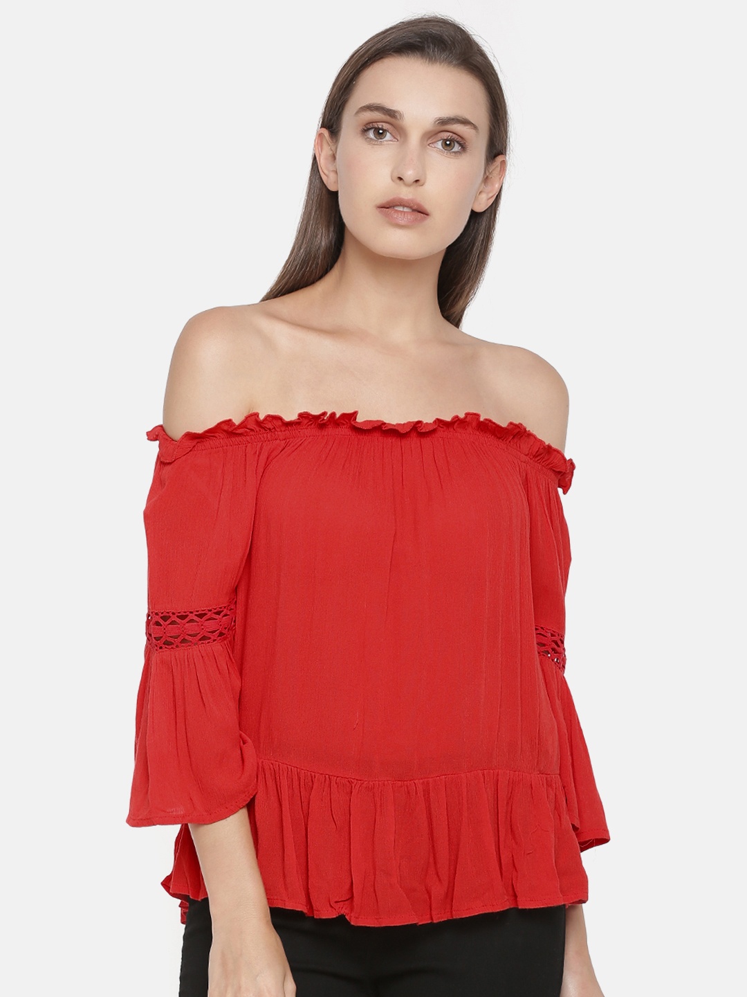 

ONLY Women Red Solid Bardot Top