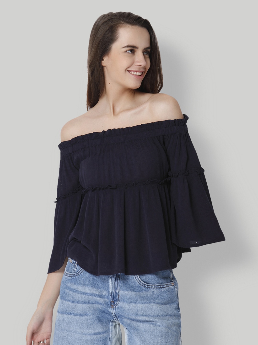 

ONLY Women Navy Blue Solid Bardot Top