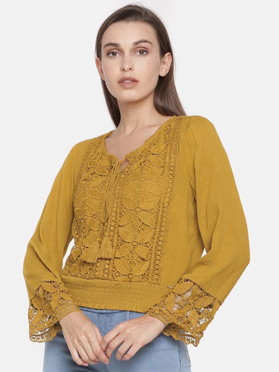 

ONLY Women Mustard Yellow Lace Top