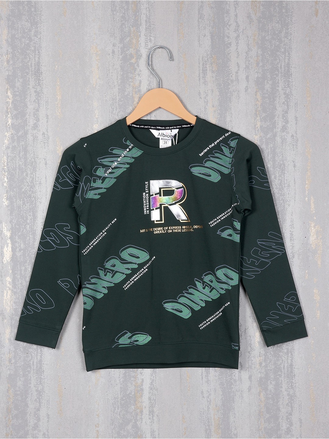 

Steele Boys Typography Printed Round Neck Long Sleeves Cotton Canvas Pullover Sweatshirt, Green