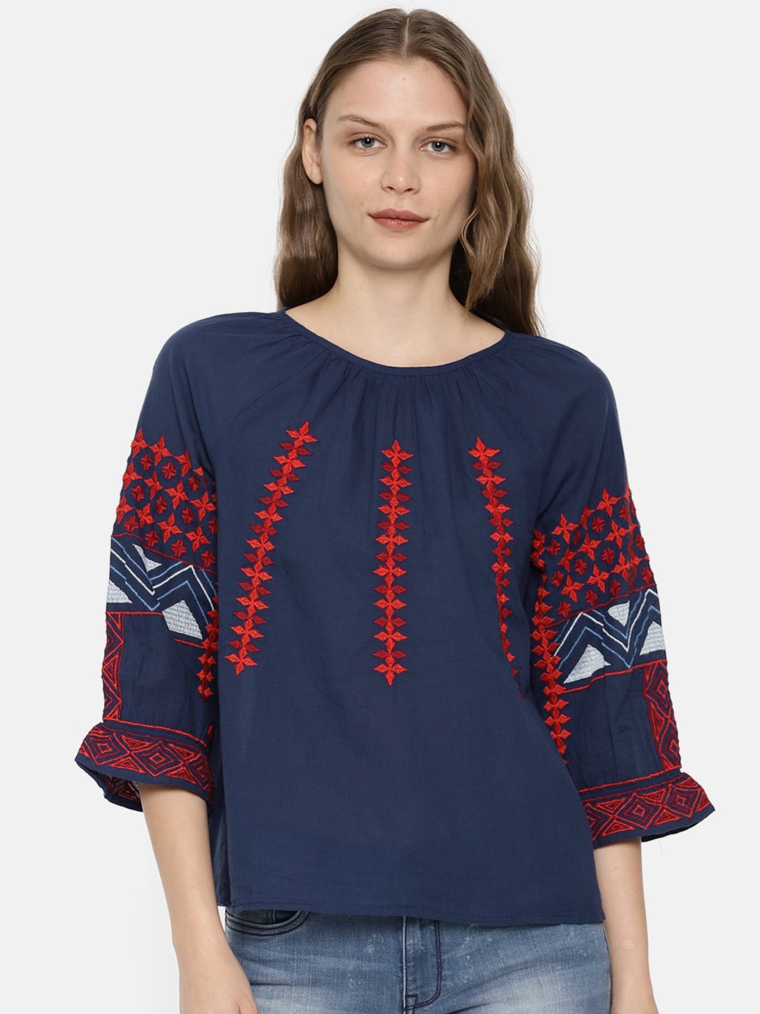 

ONLY Women Blue Self-Design Pure Cotton Top