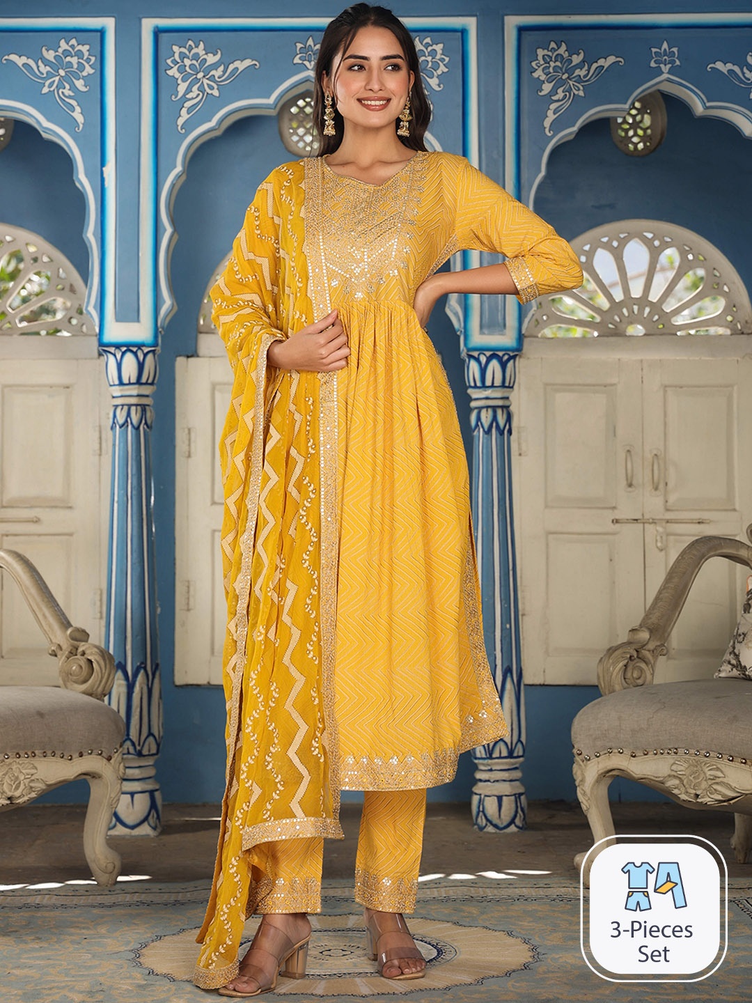 

Rangeelo Ethnic Motifs Printed Sequinned Kurta with Trousers & Dupatta, Yellow