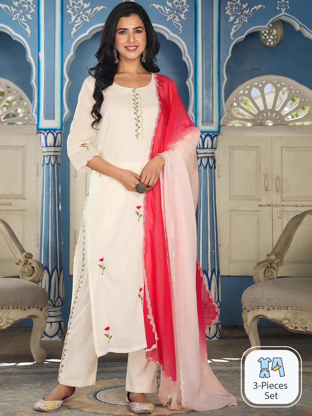 

Rangeelo Floral Embroidered Pure Cotton Kurta with Trousers & Dupatta, White