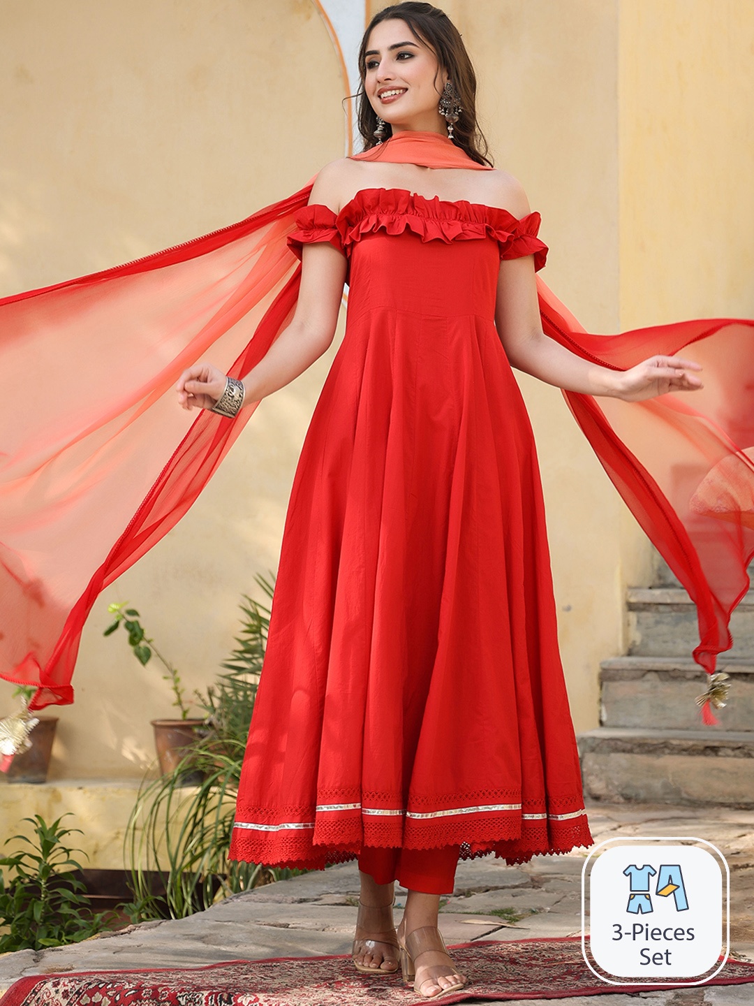 

Rangeelo Off-Shoulder Pure Cotton Anarkali Kurta with Trousers & Dupatta, Red